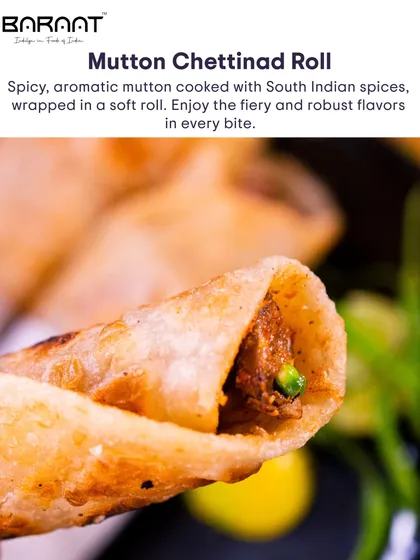 My Mutton Chettinad Roll features spicy, aromatic mutton cooked with South Indian spices, wrapped in a soft roll for a fiery and robust bite.