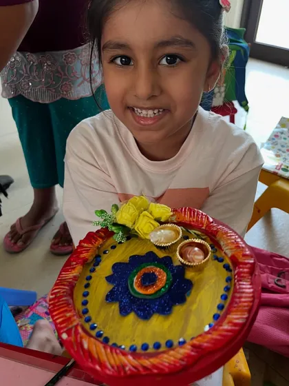 Another unique and colorful Rakhi thali, showcasing the individual creativity of each child.