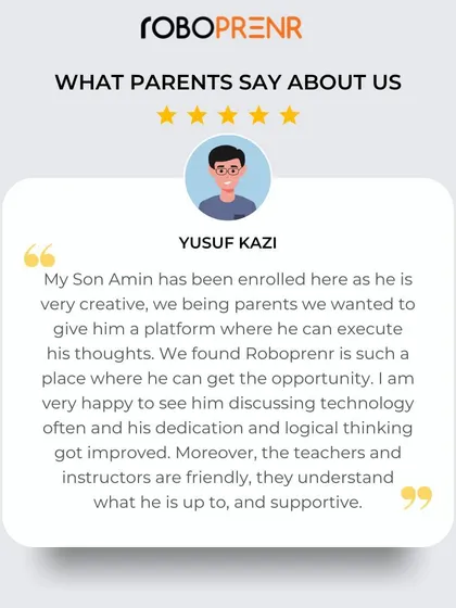 A parent, Yusuf Kazi, explains why he enrolled his creative son at Roboprenr. He was looking for a platform where his son could execute his thoughts and has been happy to see his dedication and logical thinking improve with the support of our friendly instructors.