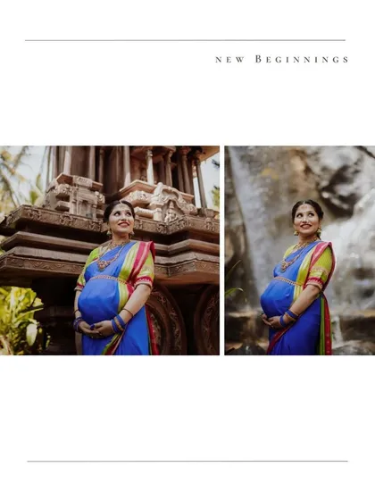 A diptych showing the mother-to-be in a beautiful blue saree against our temple and waterfall backdrops.