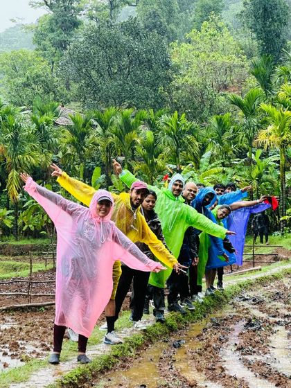 Our group having fun in the rain and mud on the way to Kodachadri. Monsoon treks are all about embracing the elements.