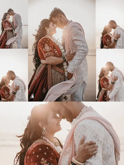 A collage of sun-drenched, romantic moments between the bride and groom on their wedding day at the beach.