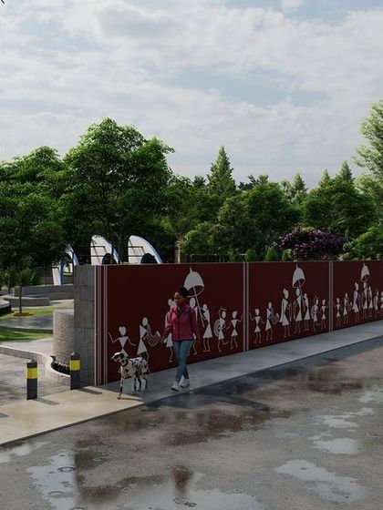 The street-level view of the highway rest stop entrance. A decorative perforated wall provides visual interest and a clear boundary for the park, signaling a transition from the chaos of the highway to a space of tranquility.