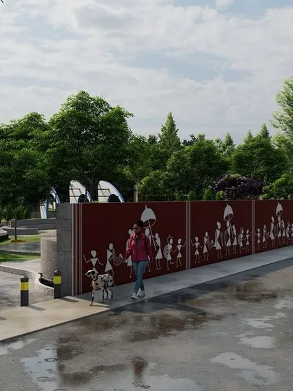 The street-level view of the highway rest stop concept. A decorative wall provides a visual buffer from the road, signaling a place of calm and respite for travelers.