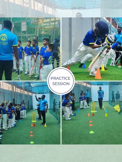 Practice, grind, repeat. This collage captures the essence of our practice sessions at the cricket academy, where players work on batting drills and technique with our coaches in the nets.