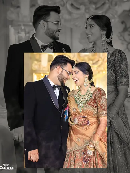 A beautiful collage blending a candid, laughing moment with a more formal portrait. This shows the different sides of a couple's personality on their big day.