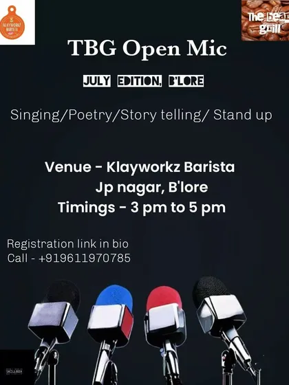 A call for talent for the TBG Open Mic night at the café. My stage is open for singers, poets, storytellers, and stand-up comedians to share their voice with a supportive audience.
