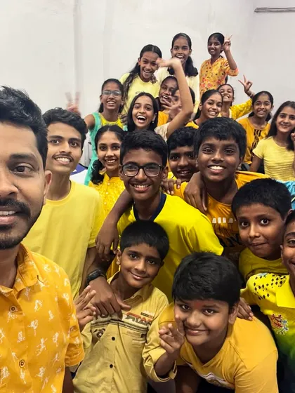 A selfie with our junior batch students, all shining bright in yellow for the first day of Navratri.