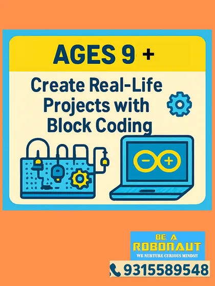 Our program for ages 9+ focuses on creating real-life projects using block-based coding, making programming accessible and fun.