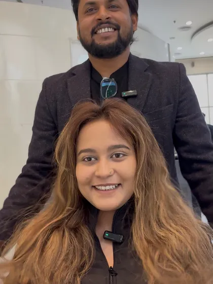 A happy client showing off her new coffee and chestnut mix. The color warms up her complexion beautifully.