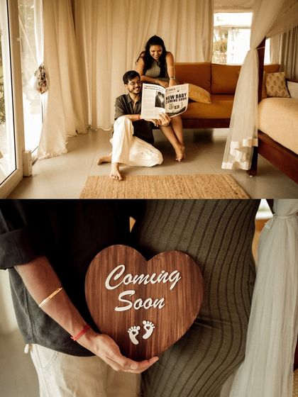 A collage showing the couple in their cozy room, reading the announcement newspaper and holding a "Coming Soon" sign. It captures the excitement in a comfortable, lifestyle setting.