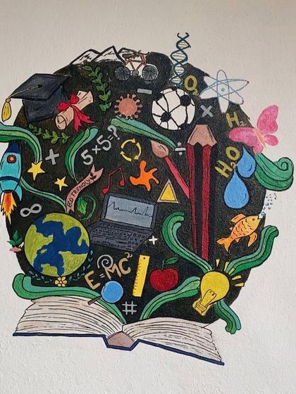 We had so much fun beautifying the walls of Ikshana Patashala, a preschool. We painted several murals, including a welcome wall with kids and flowers, and a large "tree of knowledge" doodle, to create a playful and inspiring environment.