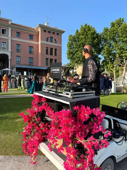 My mobile DJ setup for a Baraat with a Spanish twist in Marbella. We had the music pumping from a decorated golf cart, leading the procession through the resort grounds.