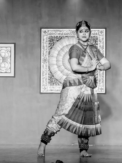 A black and white capture from the Natyanjali performance. The classic feel of this image highlights the timeless quality of the dance and the stories we tell, connecting the past with the present.
