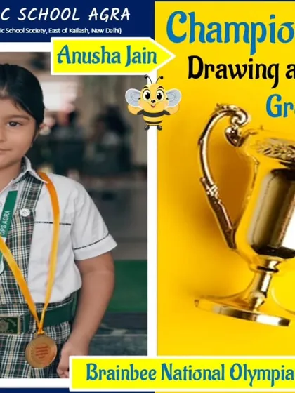 A young champion, Anusha Jain, with her trophy for the Drawing and Colouring competition at DPS Agra.