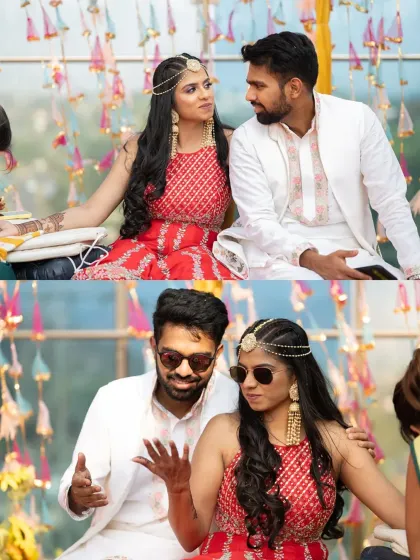A diptych showing the couple's fun side, first sharing a look and then striking a cool pose with sunglasses.
