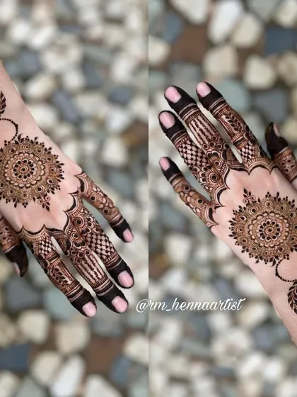 A front and back view of this stunning mandala design. It shows how you can have a cohesive look on both sides of the hand.