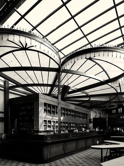 A wide-angle black and white view of the bar, emphasizing the grand, arched glass ceiling and the repetition of the canopy lights.