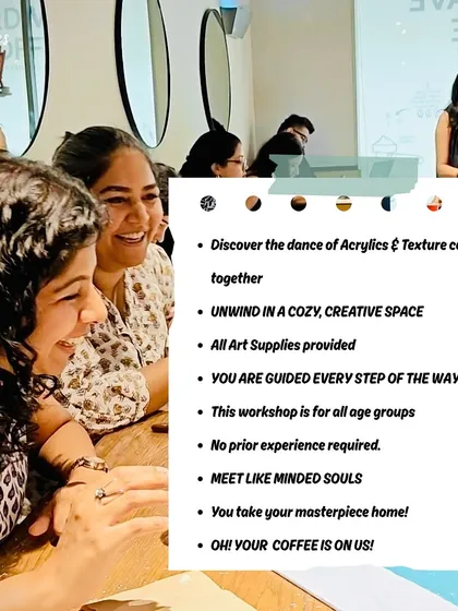A list of what you can expect at our workshops: a cozy space, all supplies provided, step-by-step guidance, and of course, coffee on us.