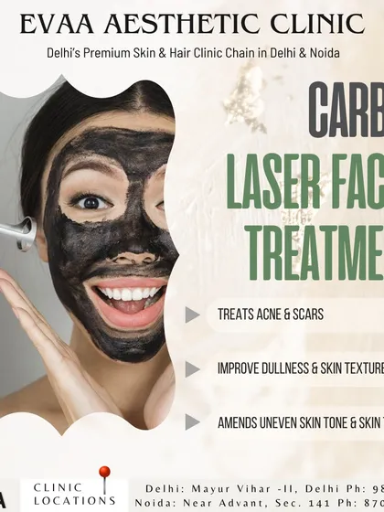This visual highlights the benefits of our Carbon Laser Facial, an advanced treatment for improving skin texture, tone, and managing acne. The image of the carbon mask is iconic and draws attention to this modern procedure.