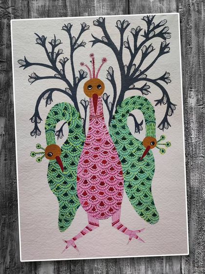 A fantastical bird creature painted in the Gond style, where every part of the body is filled with detailed lines and dots.