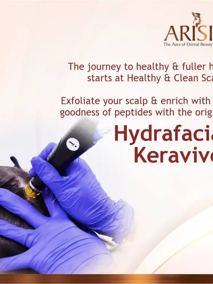 This is a close-up of the Hydrafacial Keravive handpiece during a scalp exfoliation session. The process is gentle yet effective, preparing the scalp to absorb essential nutrients for fuller, healthier hair.