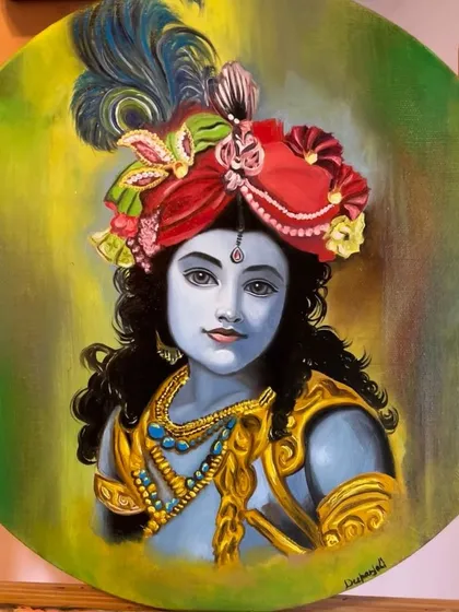 This is a finished oil painting of Lord Krishna on a circular canvas. I focused on creating a serene expression and vibrant colors in his attire, including the detailed red turban and peacock feather, set against a soft green and yellow background.