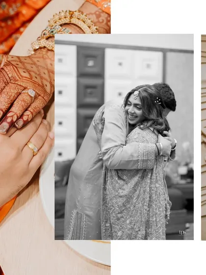 An artistic collage from Hinal and Jeet's engagement. It combines a close-up of their hands, a heartfelt hug, and a detail of the decor, weaving together the emotional and aesthetic elements of the day.