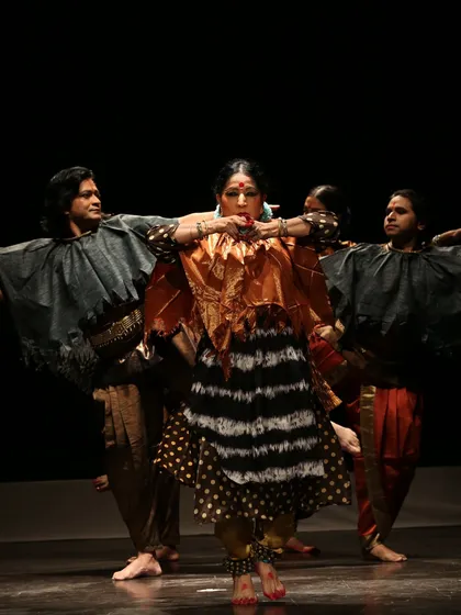 A central moment in 'Antariksha Sanchar', where my character is surrounded by her fellow performers. This production was a true collaboration, blending my choreography with the vision of my son, Avinash Kumar, and his studio.