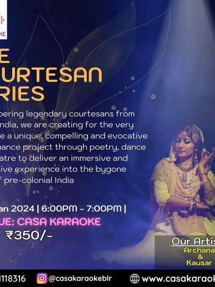 The poster for "The Courtesan Series," a performance project that uses poetry, dance, and theatre to bring the stories of legendary courtesans of pre-colonial India to life. This is an example of how I use historical narratives to create immersive experiences.