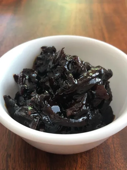 A close-up of my Aam ki Mithi Chutney. It has a delightful sweet and sour taste, made with raw mango, jaggery, rock salt, and a hint of asafoetida. It's simple, pure, and delicious.