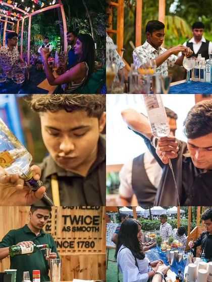 A collage capturing our bartenders' focus and skill. These images show the concentration and technique involved in pouring, mixing, and serving drinks at various events, from festivals to private parties.