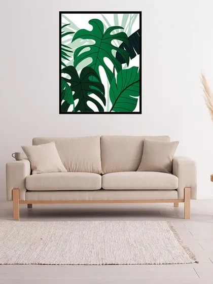 This single art frame features a close-up illustration of a monstera plant. The bold green leaves against a simple background make it a perfect statement piece for a minimalist or botanical-themed room.