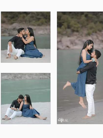 A three-photo collage showing a couple's romantic moments on the riverbank, from a gentle kiss to a playful lift.