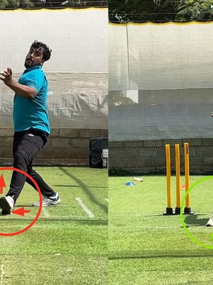 Another angle showing the successful correction of this off-spinner's front leg landing. This change was crucial for enabling proper weight transfer and a strong follow-through.