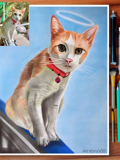 Yes, I draw pets too. This memorial portrait of a beloved cat was created to honor its memory. I used colored pencils on A3 paper to capture its unique markings and gentle spirit, complete with a small halo.