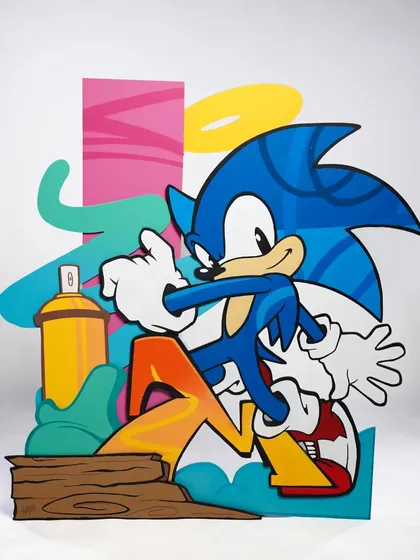 A clean studio shot of the completed Sonic 3D wood art. You can really see how the different layers and bright colors work together to create a sense of motion.
