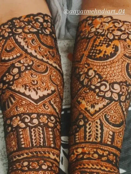 A detailed shot of the intricate patterns on the arms, showcasing the deep, consistent stain that my organic henna provides.