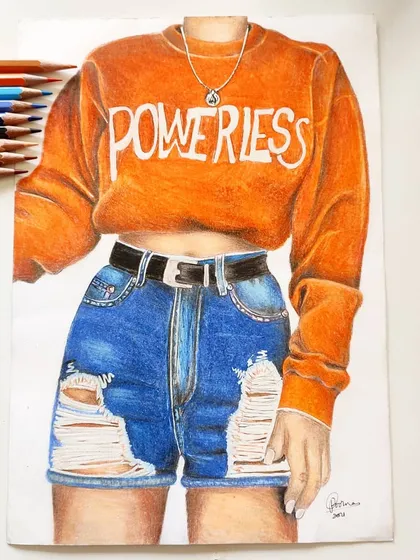 A full-length illustration of a casual outfit, featuring an orange "Powerless" sweater and ripped denim shorts. This piece took over 16 hours to get the textures of the knit sweater and denim just right.
