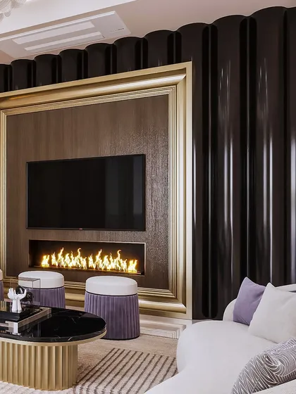 A close-up render of the entertainment unit, emphasizing the realistic texture of the wood-grain panel and the glossy finish of the surrounding black flutes. This level of detail helps clients appreciate material choices.