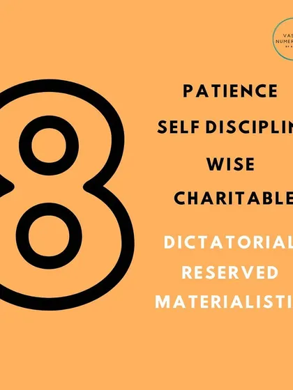 People born on the 8th, 17th, or 26th have Birth Number 8. They are wise, disciplined, and patient, often with a charitable nature, but must guard against becoming dictatorial or overly materialistic.