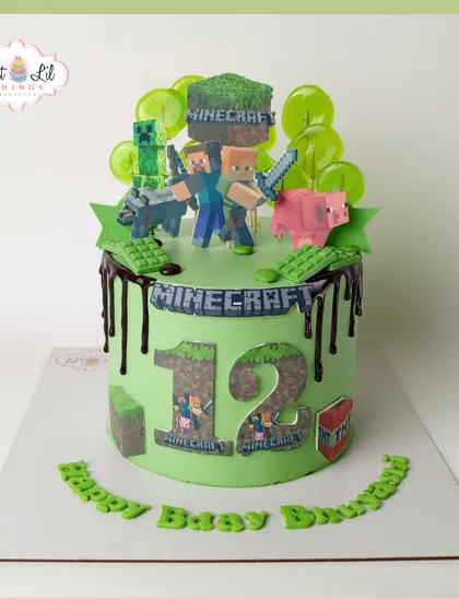 A pixel-perfect Minecraft cake for a 12th birthday. This design features a chocolate drip, edible characters, and the iconic green and brown blocky aesthetic of the popular game.