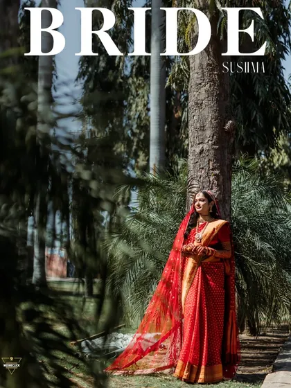 A "BRIDE" magazine-style cover shot, featuring a stunning portrait of the bride in her red saree against a lush green backdrop.