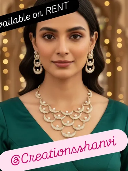 Shine at your cocktail party or reception with this modern CZ necklace. Finished with a beautiful rose gold polish and accented with pearls, this rental piece adds a touch of contemporary glamour to any evening gown or stylish outfit.