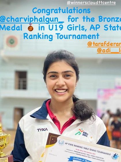 A celebratory post for Charvi Phalgun's Bronze Medal win in the U19 Girls category at the AP State Ranking Tournament.