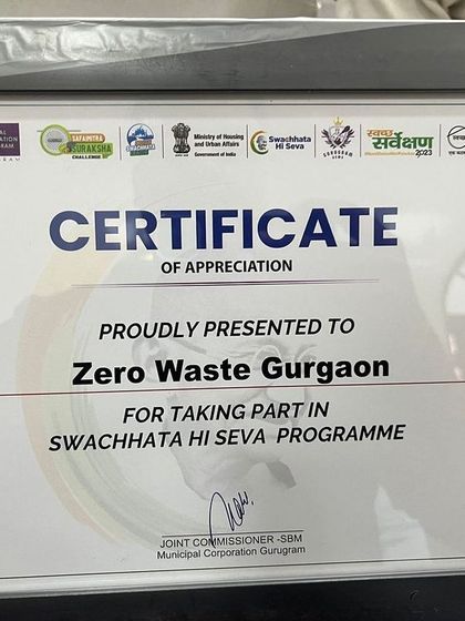 A close-up of our Certificate of Appreciation from the Municipal Corporation of Gurugram. This recognition fuels our commitment to making Gurgaon a cleaner, greener city.