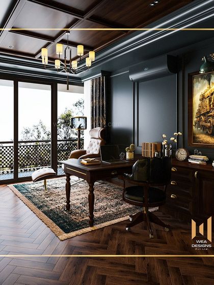 A classic British-themed study and bedroom at Svamitva Terravana, with deep blue walls, herringbone wood flooring, and traditional dark wood furniture.