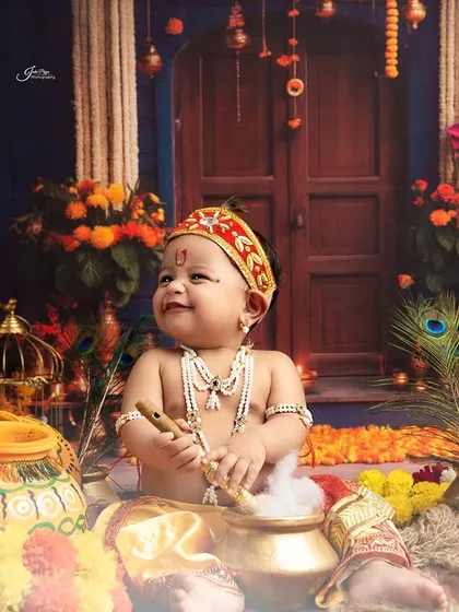I offer special themed shoots for your little ones, like this adorable Janmashtami setup. This baby, dressed as Little Krishna, is all smiles amidst a vibrant and festive scene.
