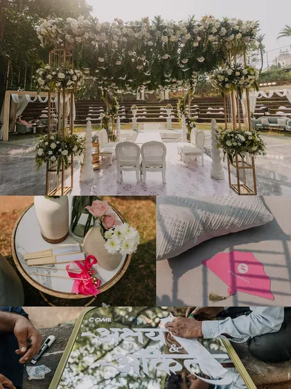 A collage of the beautiful wedding decor, including the mandap, floral arrangements, and personalized welcome signs for this outdoor Maharashtrian wedding.