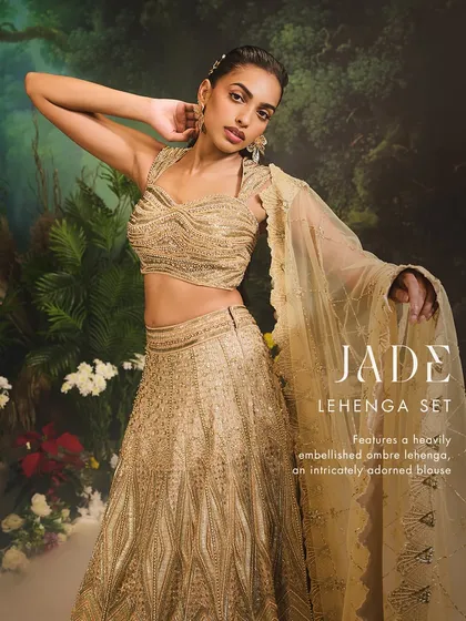 The Jade Lehenga Set is crafted for the modern bride who desires radiance. I focused on creating a heavily embellished ombre lehenga with an intricately adorned blouse and a graceful scalloped dupatta for a truly luminous wedding look.